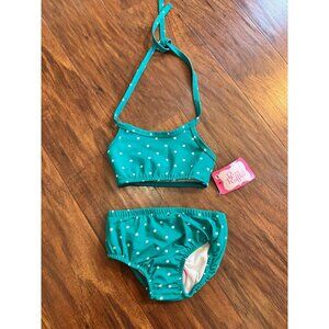 NWT Ricrac & Ruffles Toddler Polka Dot Teal Infant Two-Piece Swimsuit Bikini 18m